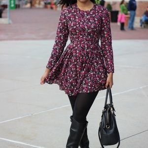 Black Floral Long Sleeve Skater Dress